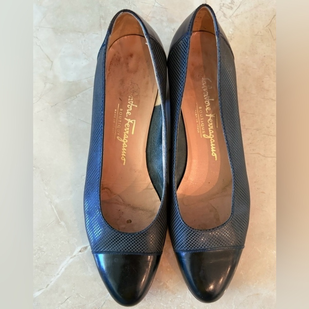 Salvatore Ferragamo slip on pump heels 
size 8.5 B leather patent cap toe